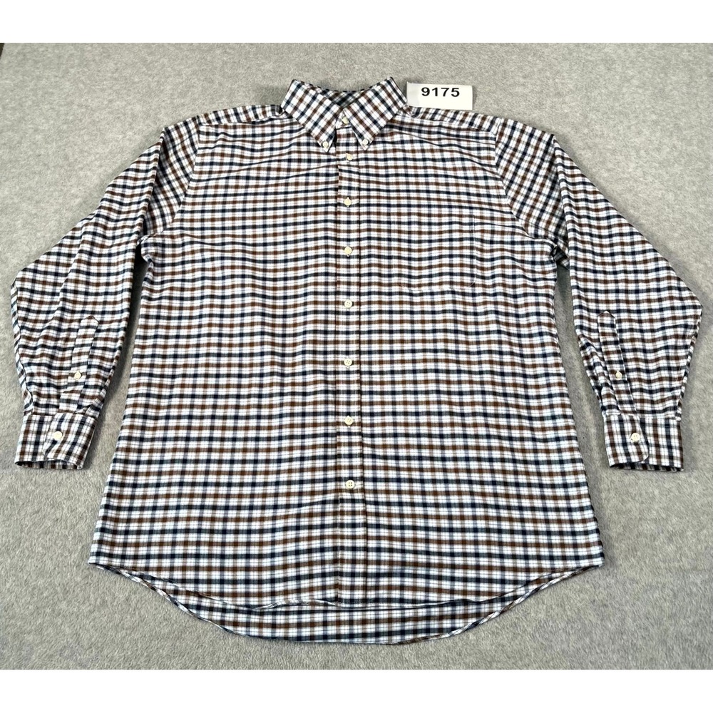 Stafford Dress Shirt Mens 16.5 Blue Brown Plaid Regular Fit Wrinkle Free‎ Oxford